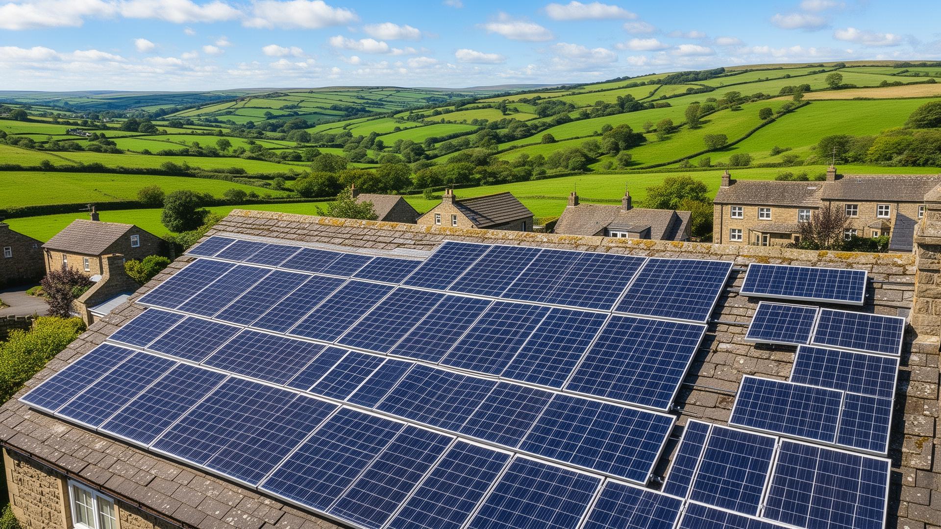 Solar panels installed on Yorkshire homes with rolling green hills in background